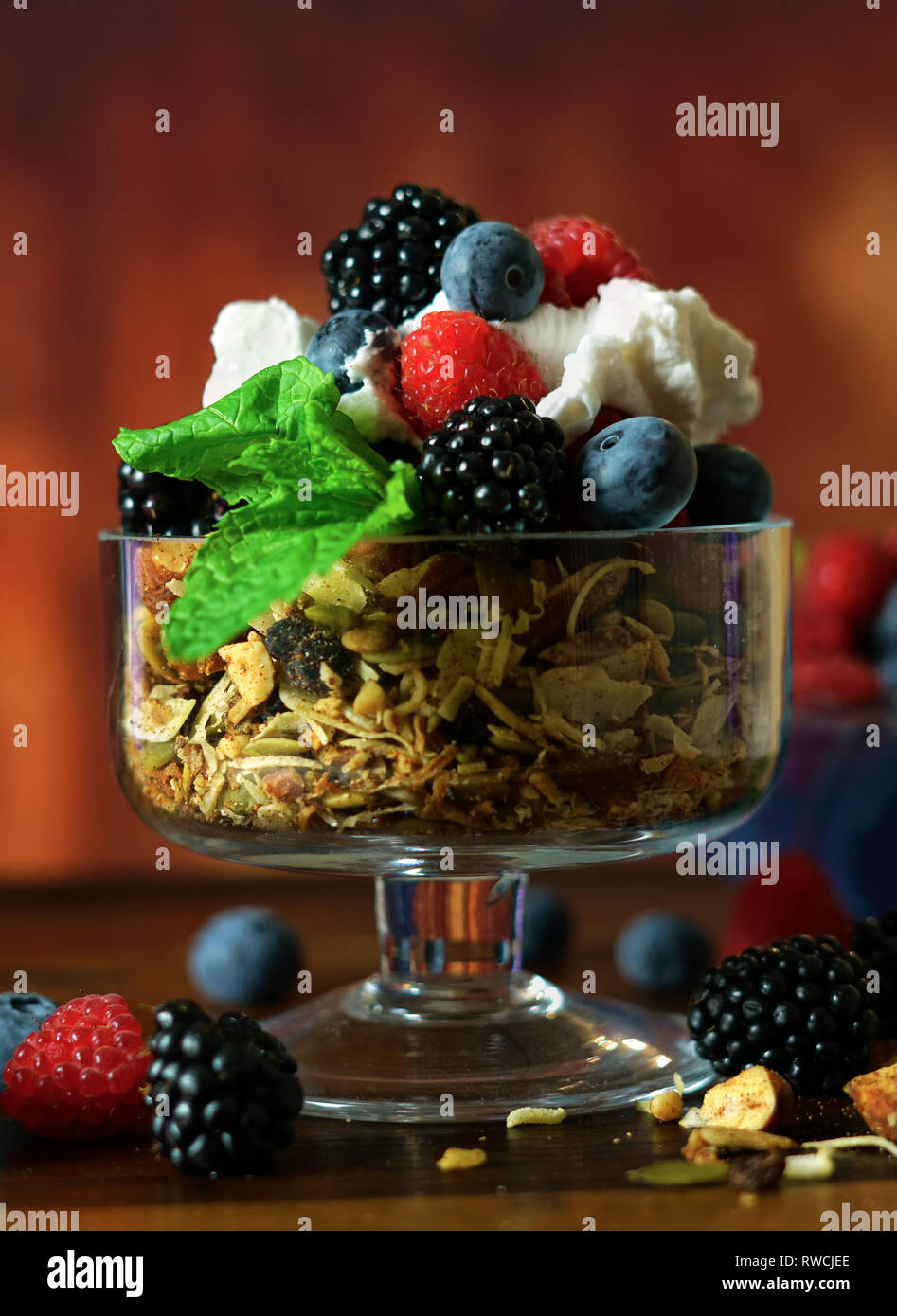 Grain free oat free paleo diet granola breakfast served with fresh seasonal berries, coconut