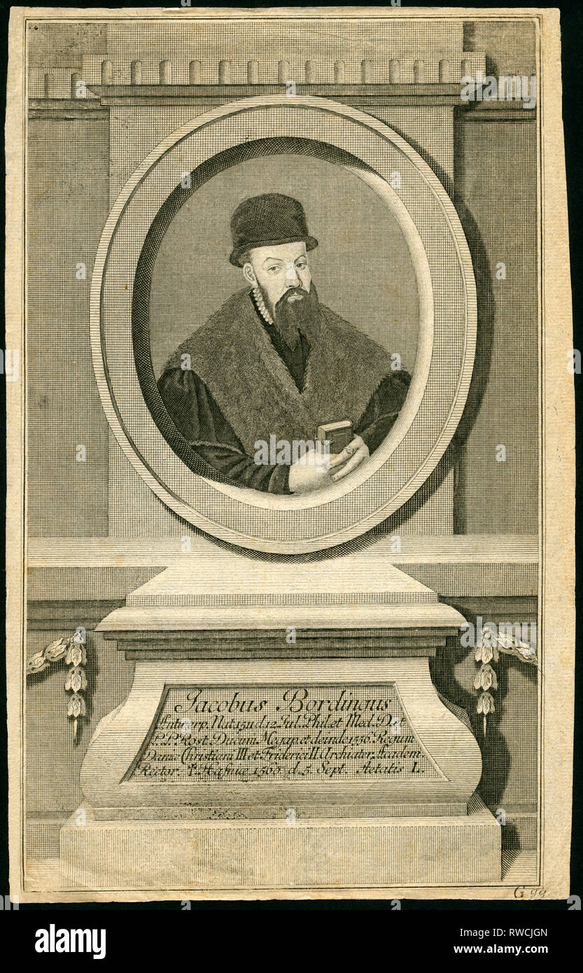 Jacob Bording (Jacobus Bordingus), Flemish medical doctor, copperplate engraving around 1700., Artist's Copyright has not to be cleared Stock Photo