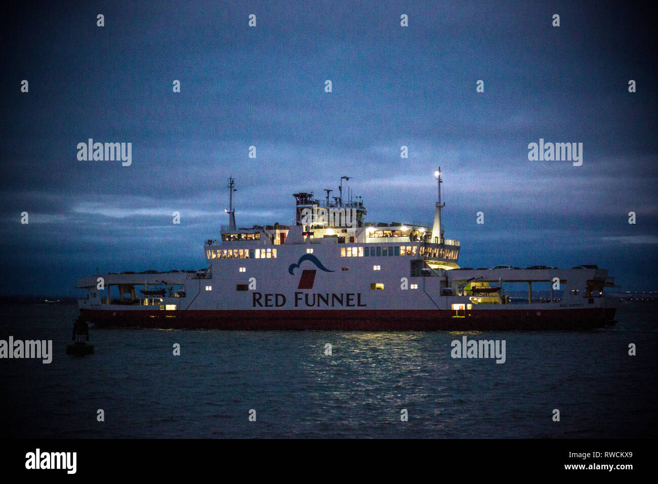 Grainy Night Picture Of Red Funnel Car Ferry The Solent