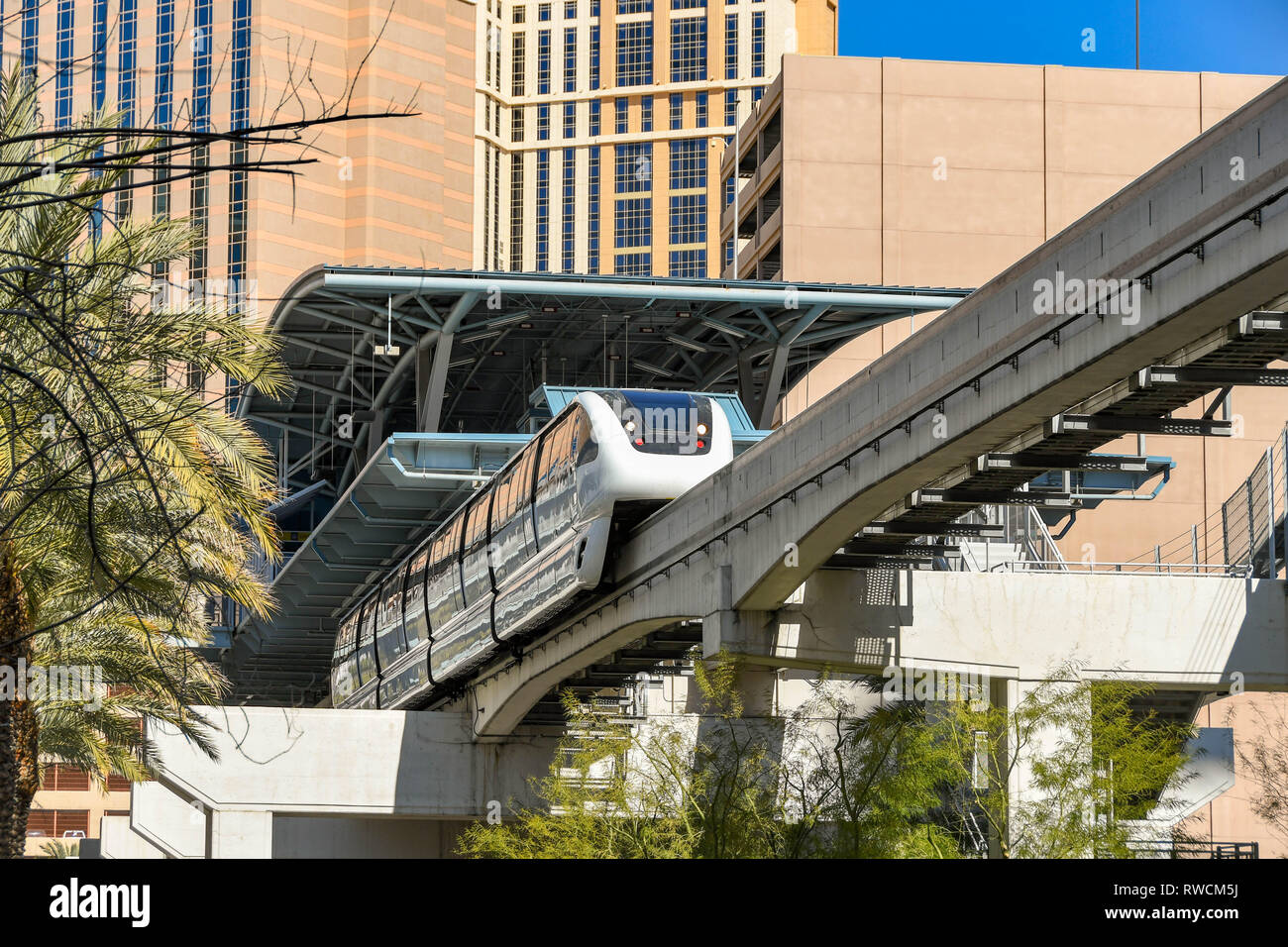 LAS VEGAS, NEVADA, USA FEBRUARY 2019 Monorail train which runs behind the Las Vegas Strip