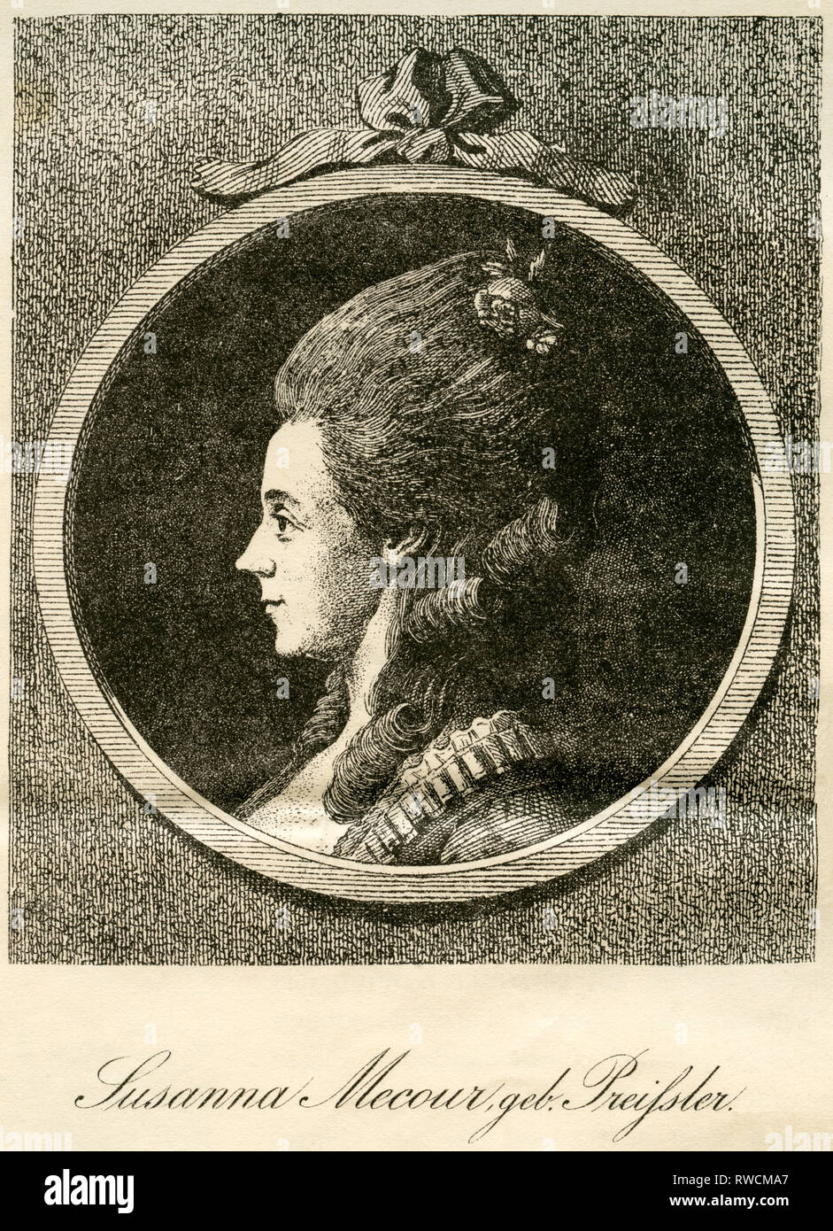 Germany, Hamburg, Susanna Mecour, born as Preisler, German actress in Lessings ' Minna von Barnhelm', the Franziska, original text: 'Susanna Mecour, after Rosenberg, engraved by D. Berger, 1782. Illustration from the commemorative publication to the construction of the Lessing monument, on the 08.09.1881., Additional-Rights-Clearance-Info-Not-Available Stock Photo