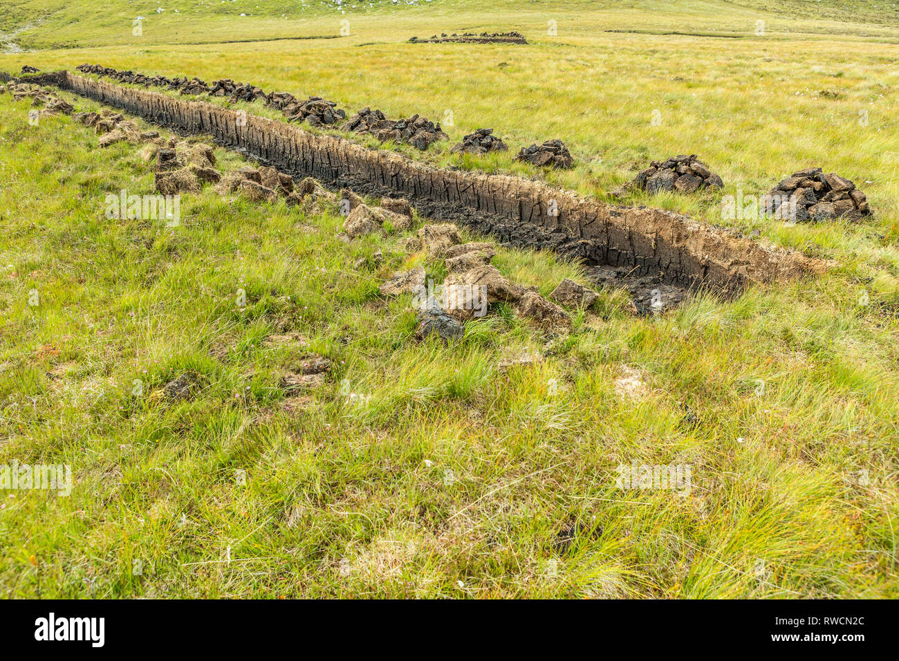 Peat harvest for smoked whisky production in Scotland Stock Photo