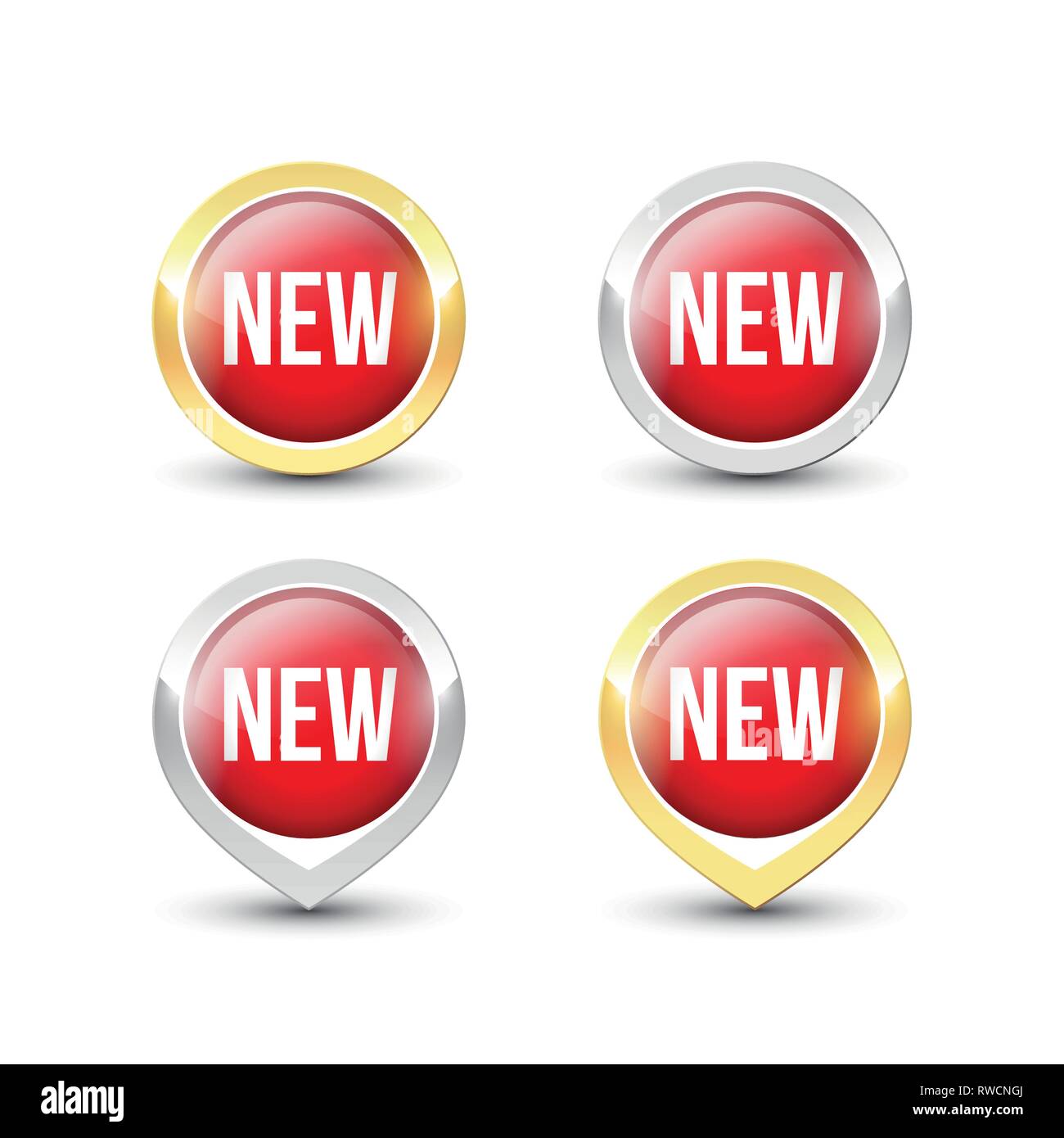 Red round NEW buttons and pointers with metallic gold and silver border. Vector label icons isolated on white background. Stock Vector
