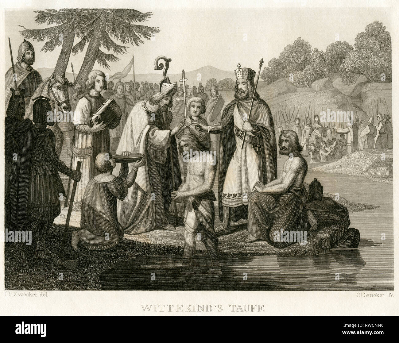 Germany, North Rhine-Westphalia, Enger, the Christening of Wittekind, coppeplate engraving by C. Deucker after I. H. Zwecker, around 1840th., Artist's Copyright has not to be cleared Stock Photo