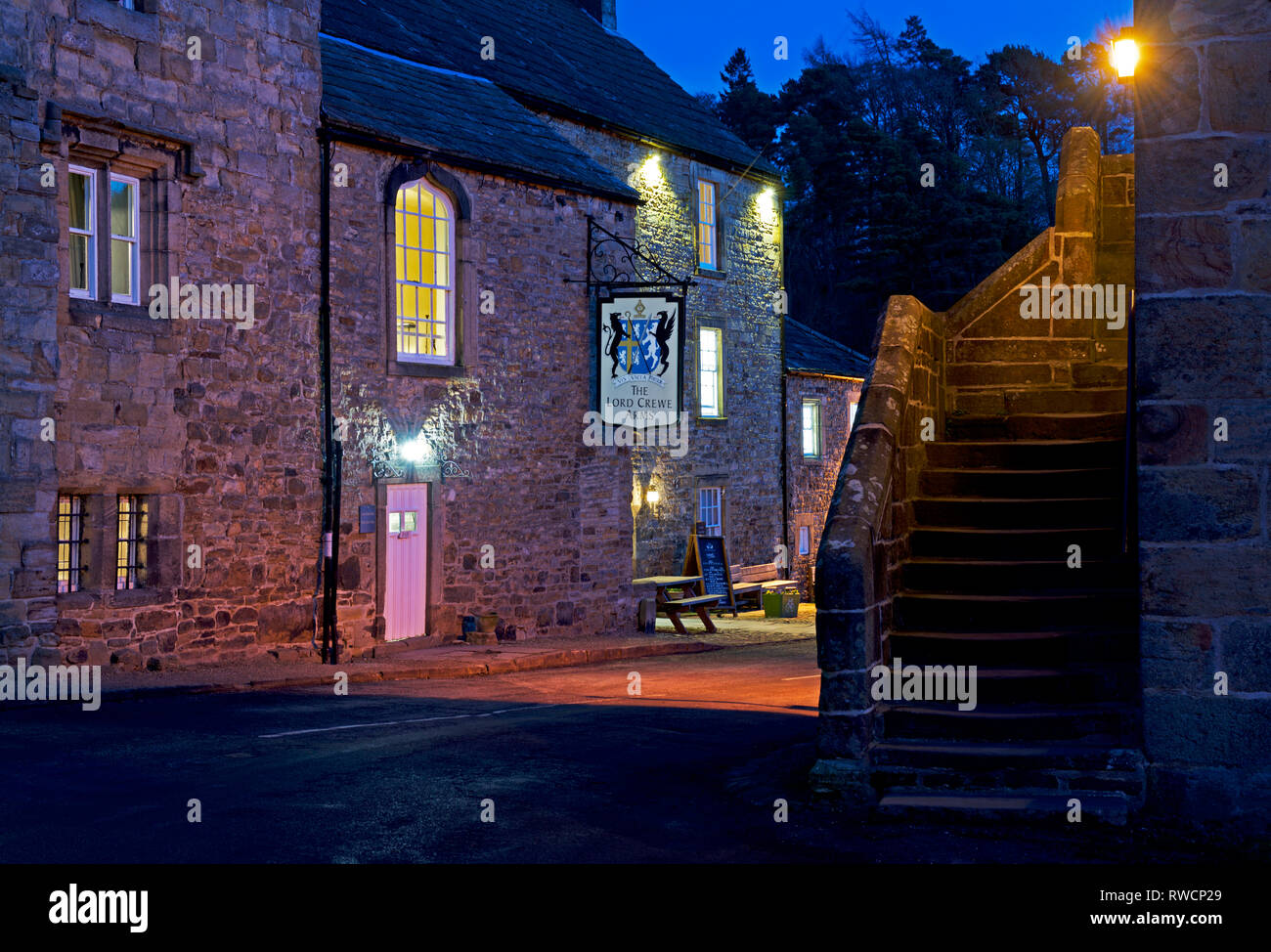 The Lord Crewe Arms at dusk, Blanchland, Northumberland, England UK Stock Photo