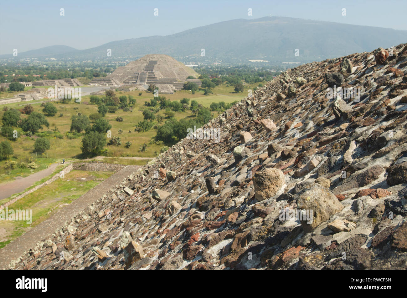 Pyramid of The Moon in the distance seen from Pyramid of The Sun at Teotihuacan in the Vaslley of Mexico in Mexico Stock Photo