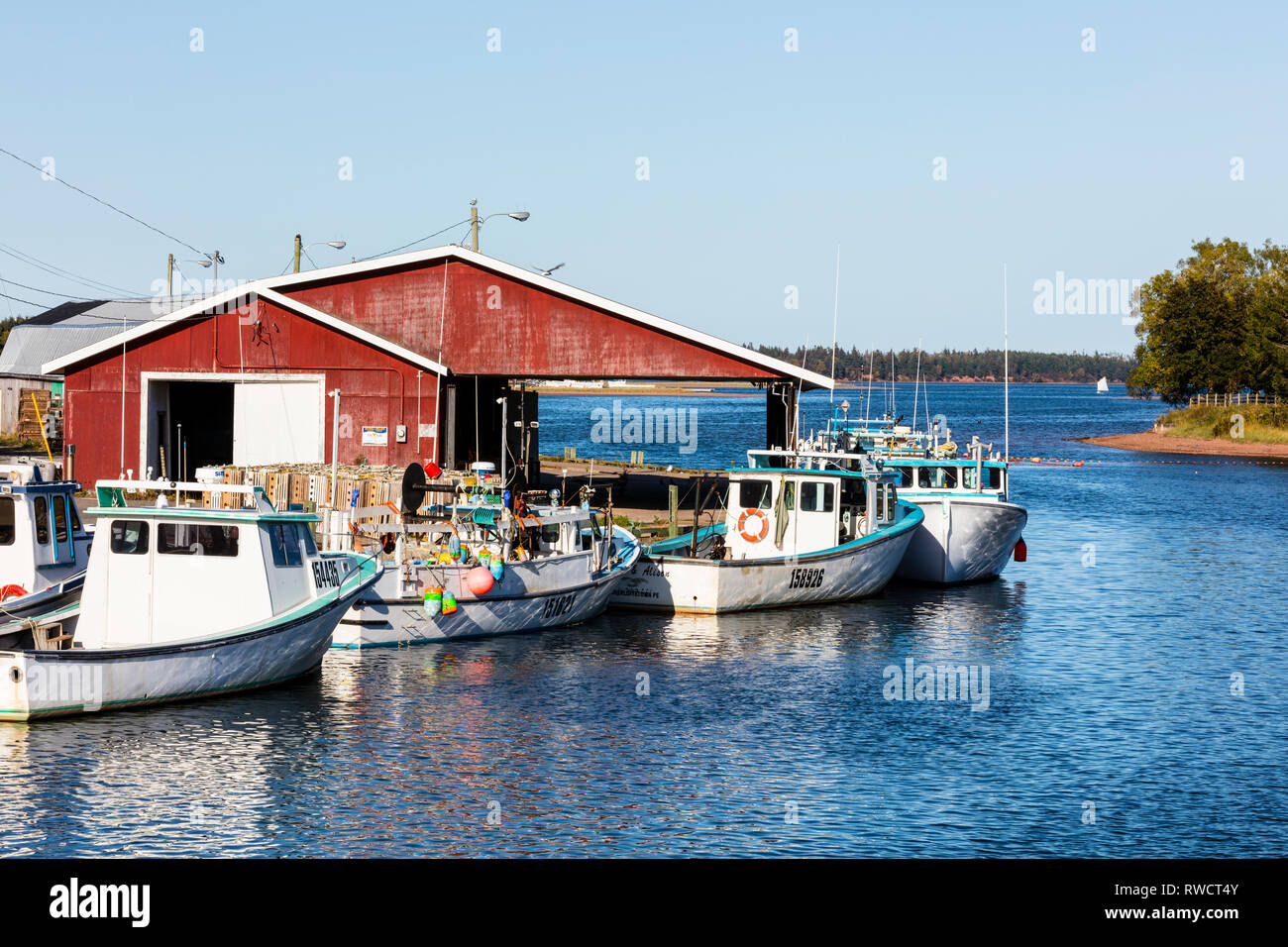 Fishing boats tied up at wharf, Murray River, Prince Edward Island, Canada Stock Photo