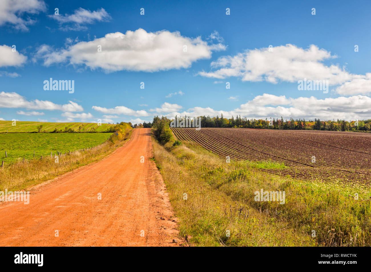 Red clay road, Long River, Prince Edward Island, Canada Stock Photo