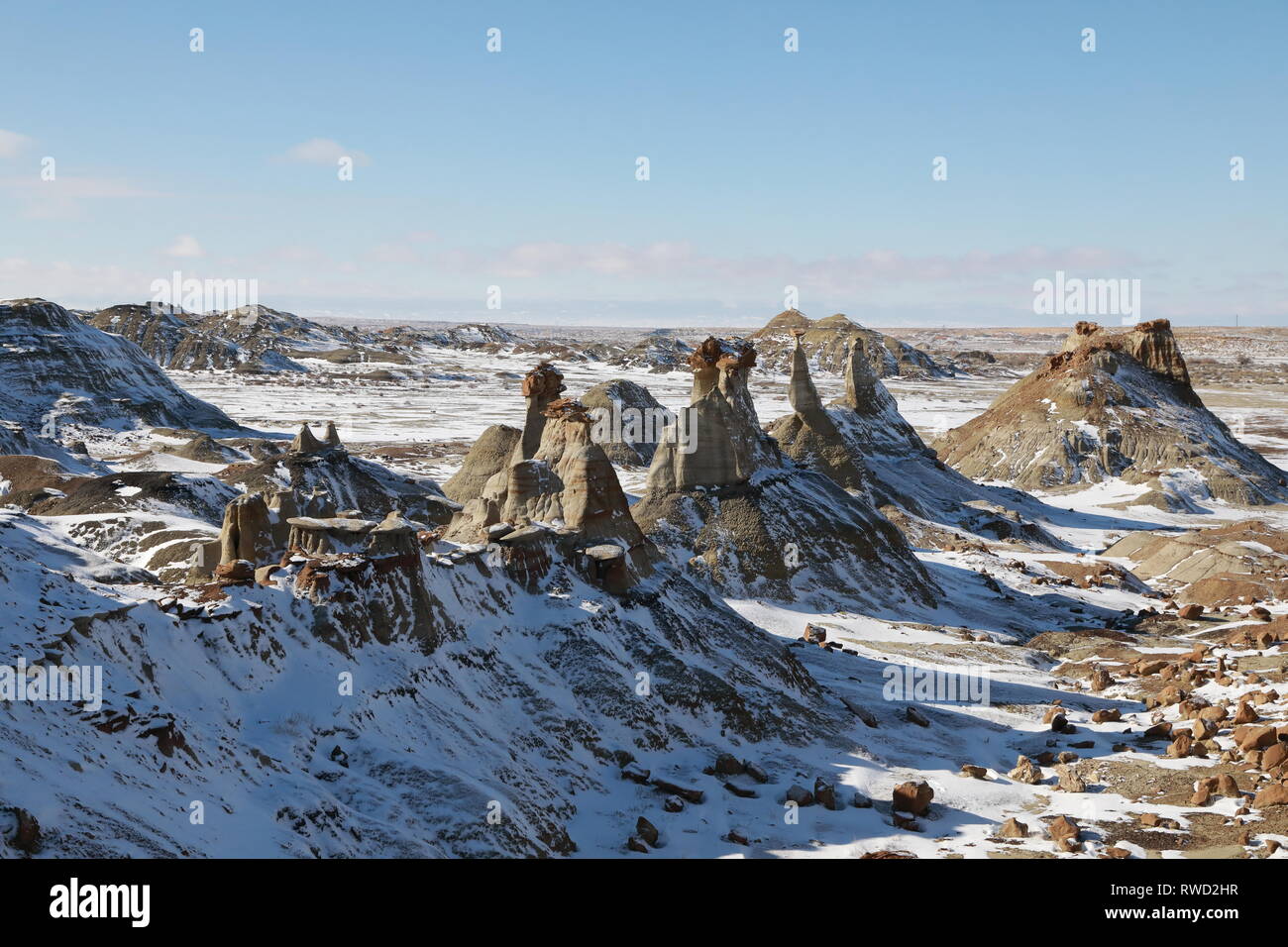 Bisti Badlands Wilderness Area in winter with snow, New Mexico, USA
