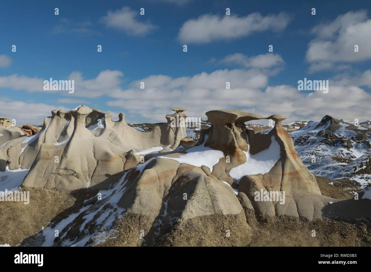 Bisti Badlands Wilderness Area in winter with snow, New Mexico, USA