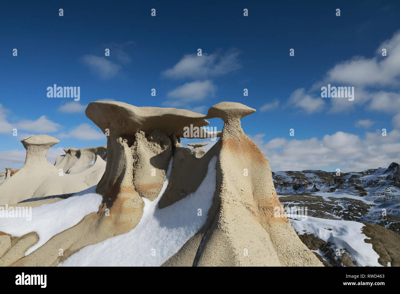 Bisti Badlands Wilderness Area in winter with snow, New Mexico, USA