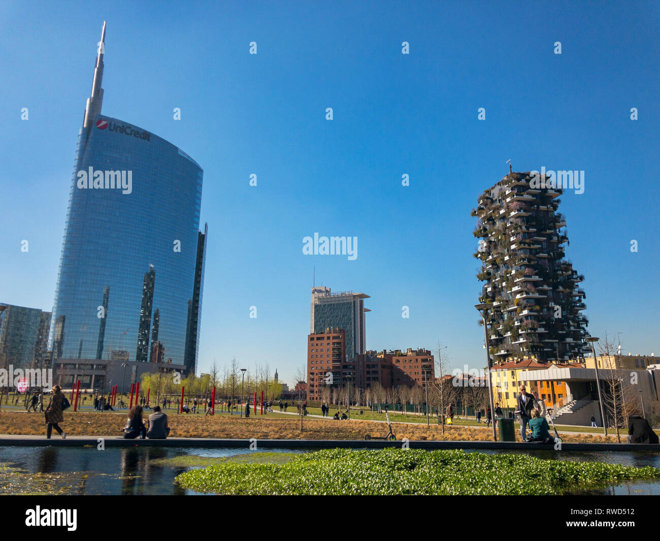 View of the Unicredit Tower and the Vertical Forest (bosco verticale) seen from Parco degli Alberi. Milan Italy Stock Photo