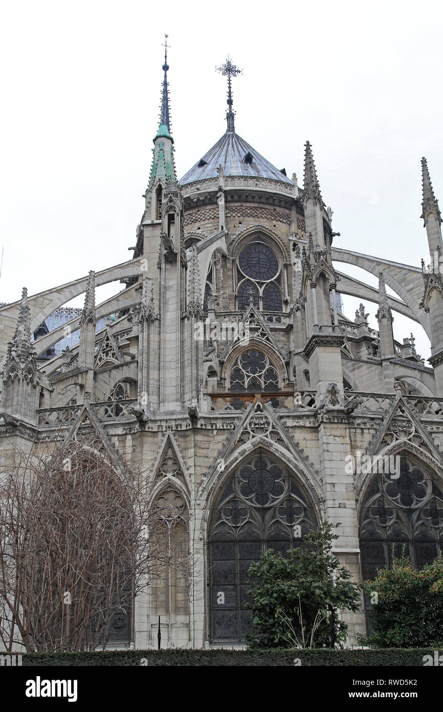 Back Side of Notre Dame Gothic Cathedral in Paris France Stock Photo