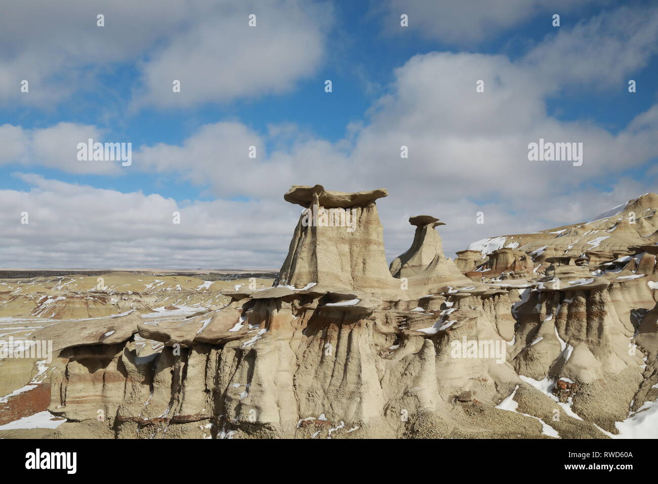 Bisti Badlands Wilderness Area in winter with snow, New Mexico, USA