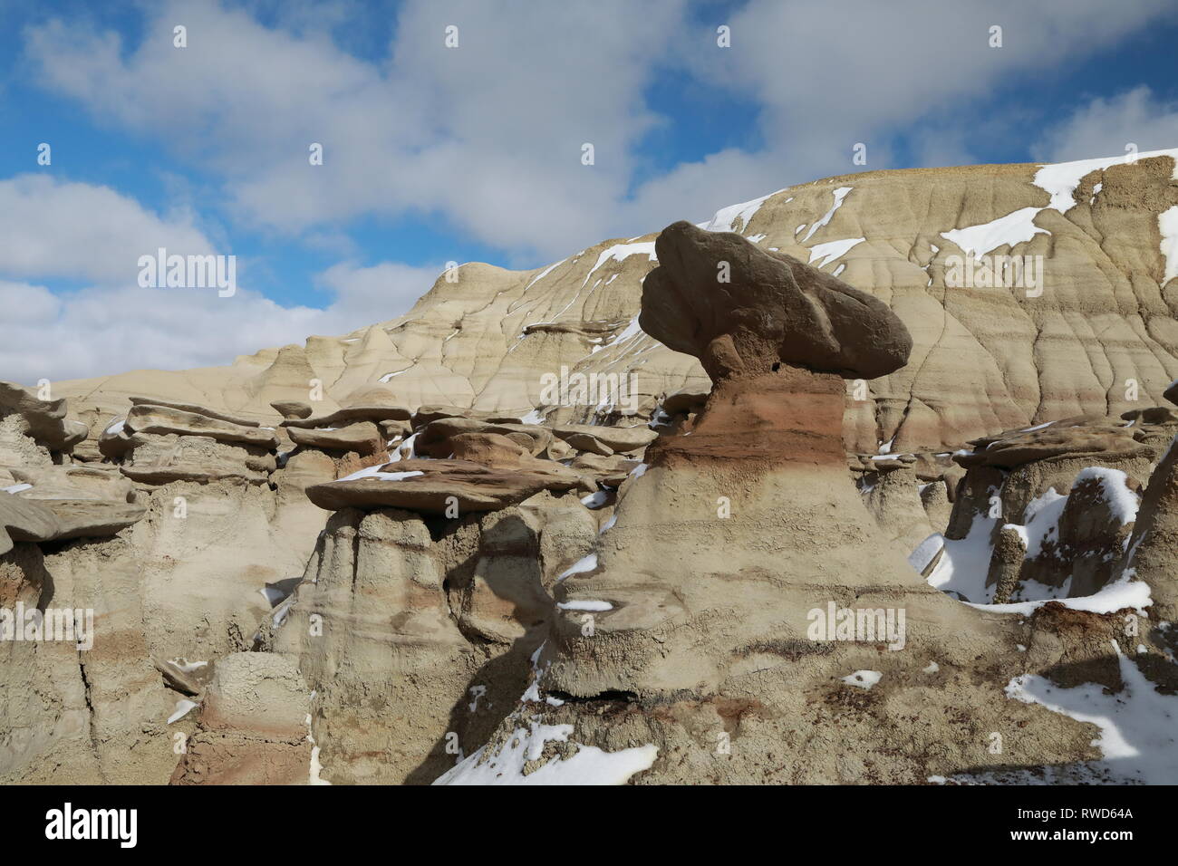 Bisti Badlands Wilderness Area in winter with snow, New Mexico, USA