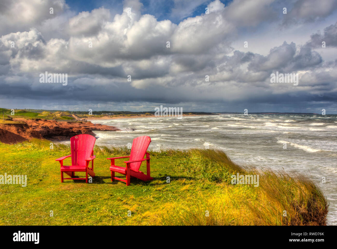 Adirondack Chairs, Cavendish, Prince Edward Island National Park, Prince Edward Island, Canada Stock Photo