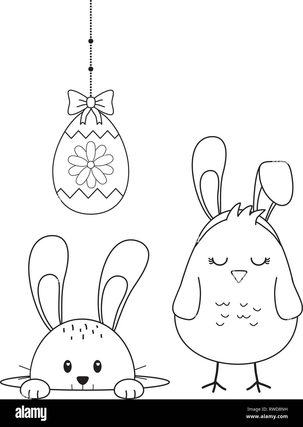 little rabbit and chick with egg painted easter characters Stock Vector ...
