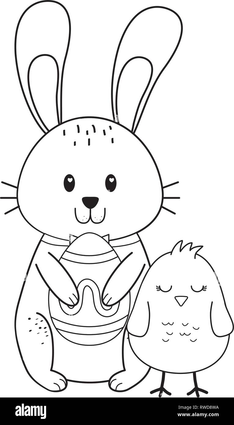 little rabbit and chick with egg painted easter characters Stock Vector ...