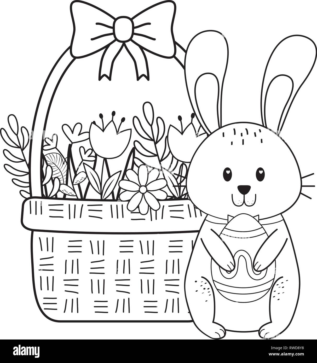 little rabbit with egg painted and flowers in basket Stock Vector Image ...