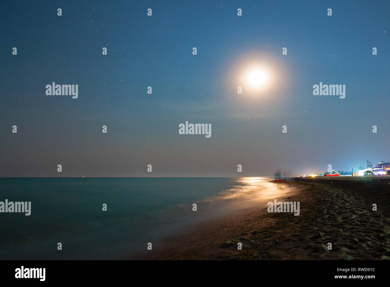 Night lunar nautical marine landscape. Night Seascape highlighted by moonlight in Zatoka, Odessa region, Ukraine Stock Photo