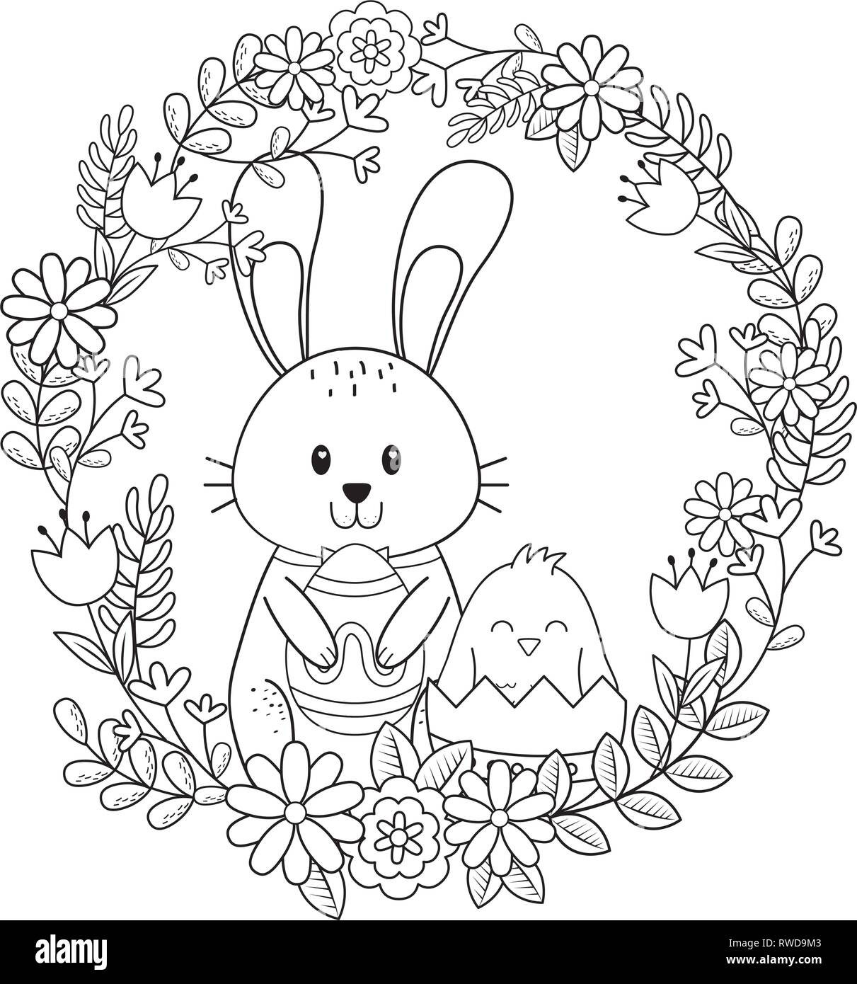 little rabbit and chick with egg painted in floral crown Stock Vector ...