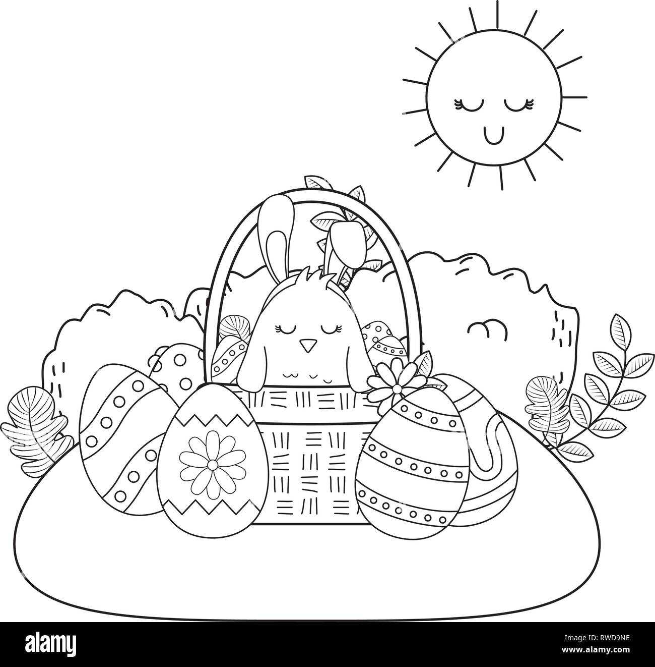 little chick with ears rabbit in basket and eggs painted Stock Vector