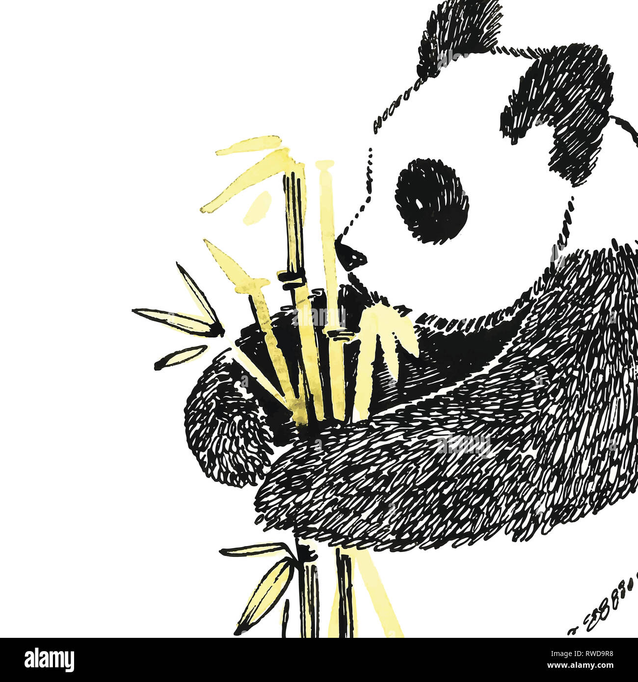 Милая Панда с бамбуком рисунок черной линией