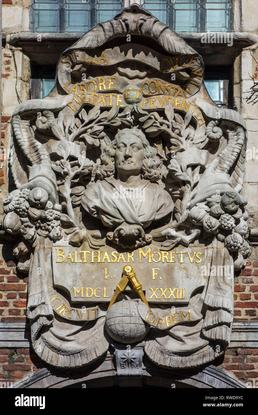 High relief sculpted figure of Balthasar Moretus, Plantin-Moretus Museum / Plantin-Moretusmuseum about 16th century printers, Antwerp, Belgium Stock Photo