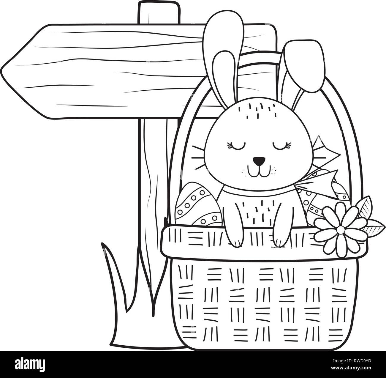little rabbit with egg painted and flowers in basket Stock Vector Image ...