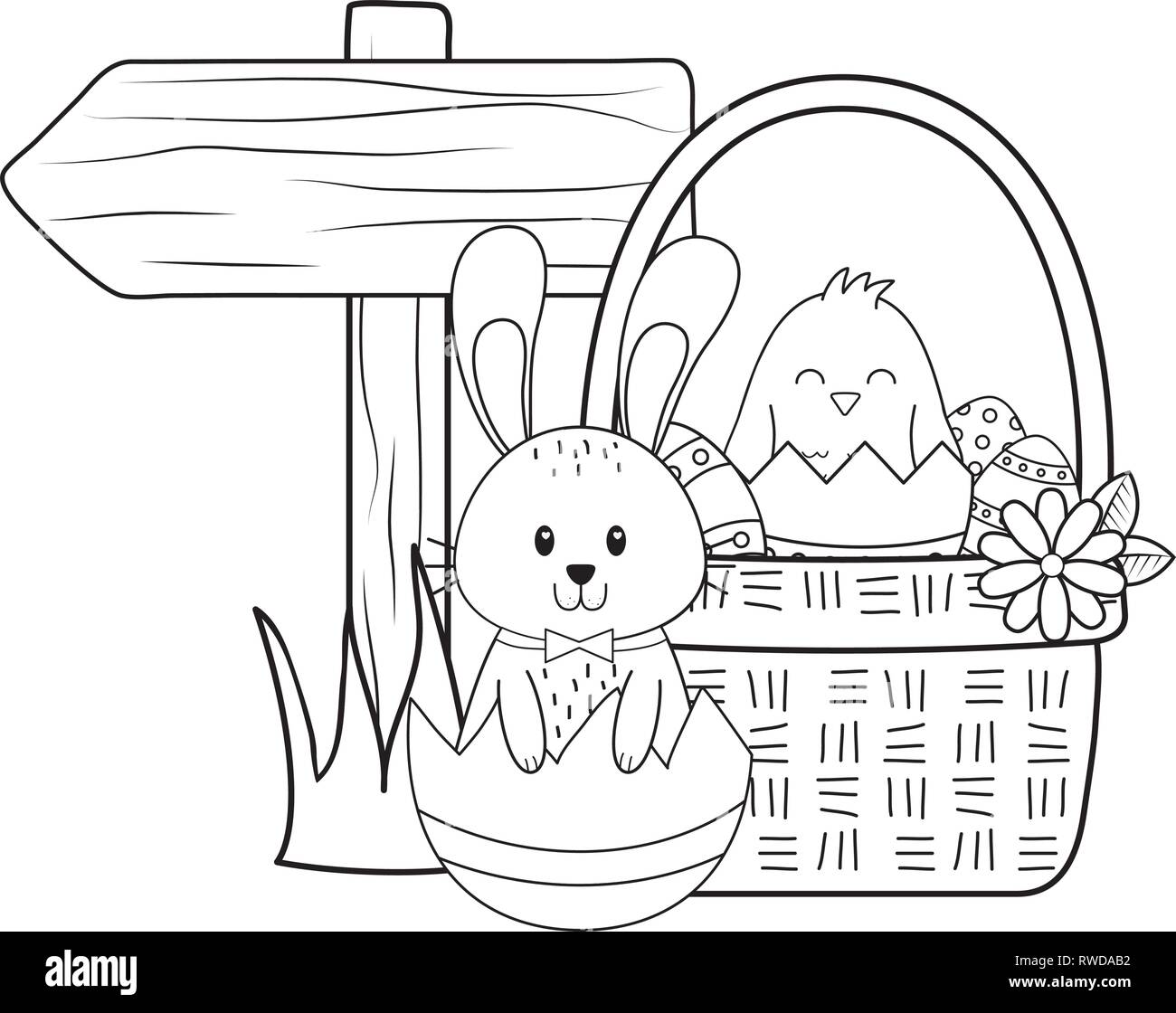 little rabbit and chick with egg painted in basket Stock Vector Image ...