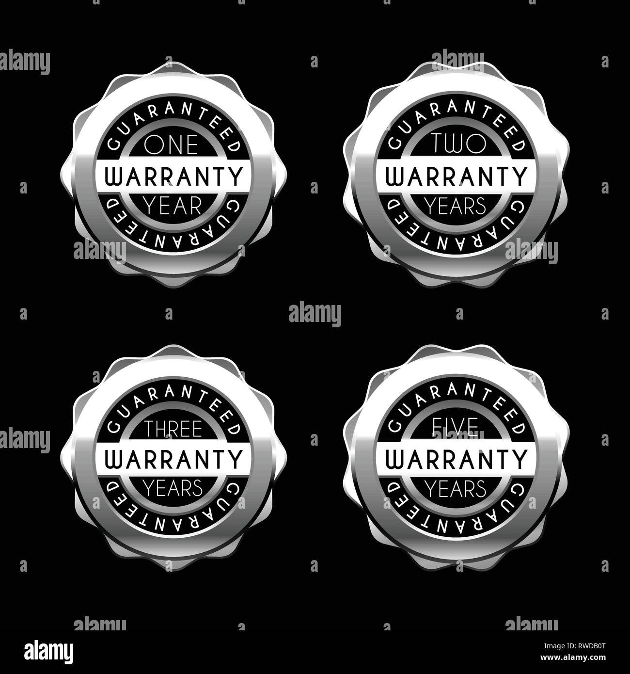 One year to five years warranty silver badges set. Guarantee metal labels Stock Vector