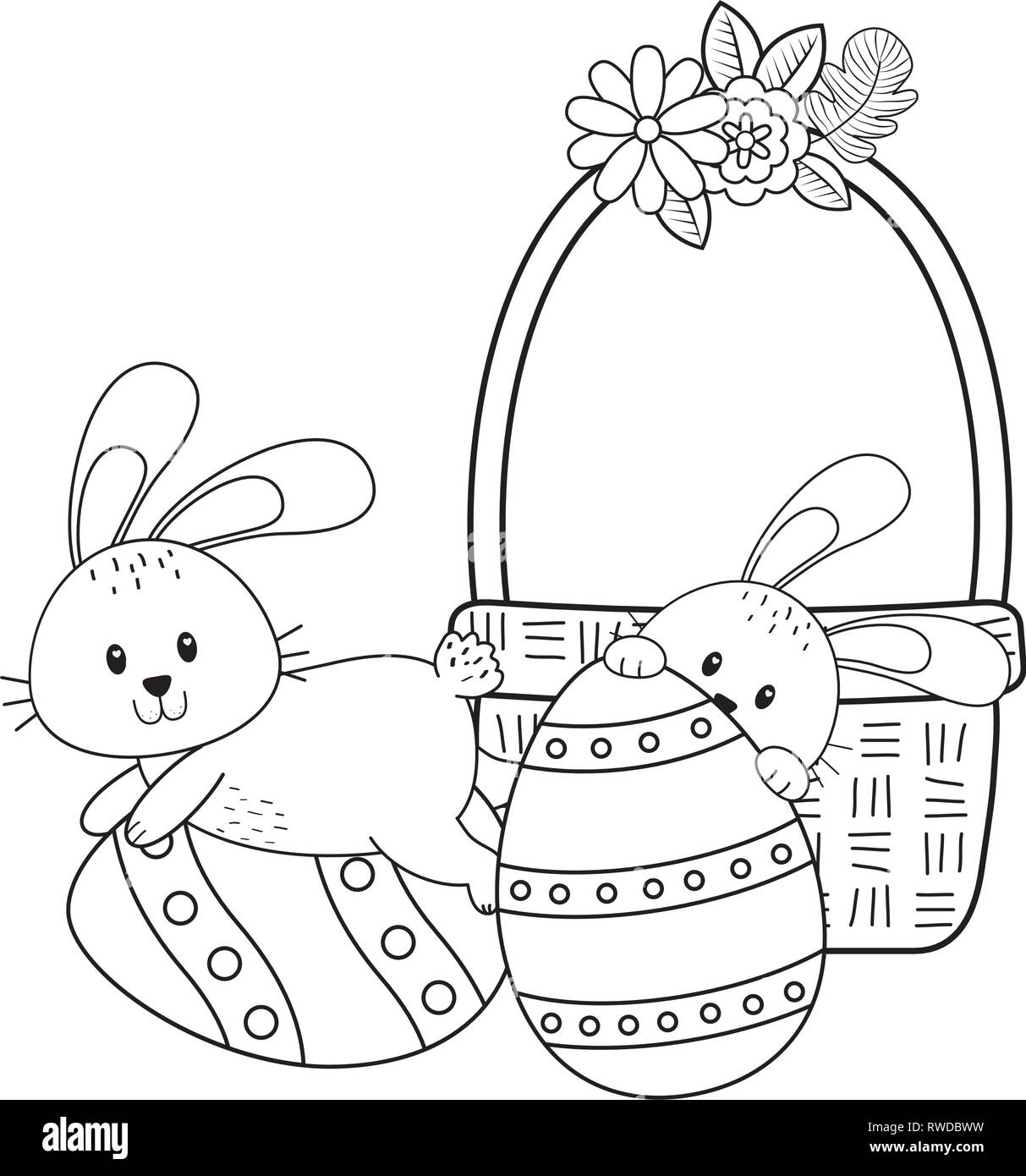 little rabbits with egg painted in basket easter character Stock Vector ...