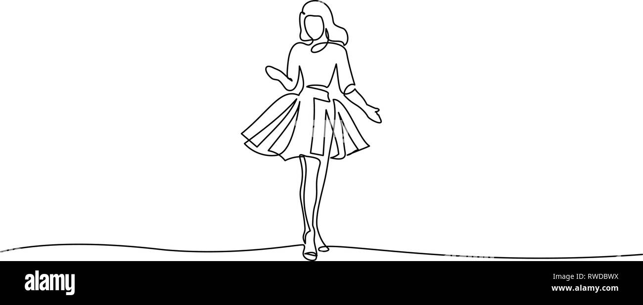 Continuous one line drawing. Girl in festive dress. Vector illustration Stock Vector
