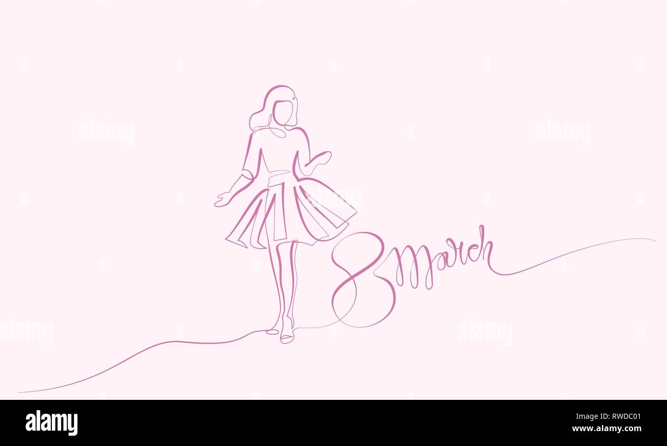 Happy 8 March womens day card. Continuous one line drawing. Girl in festive dress. Vector illustration Stock Vector