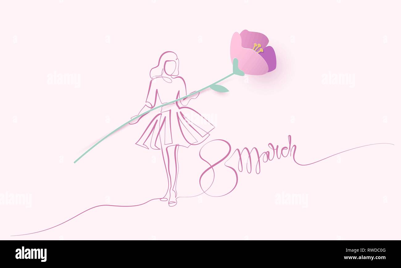 Happy 8 March womens day card. Continuous one line drawing. Girl in festive dress with paper flower. Vector illustration Stock Vector