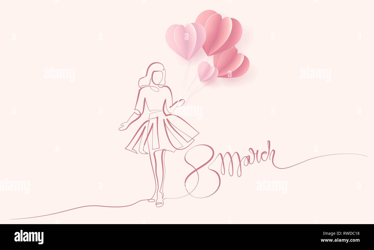 Happy 8 March womens day card. Continuous one line drawing. Girl in festive dress with paper air balloon shaped as heart. Vector illustration Stock Vector