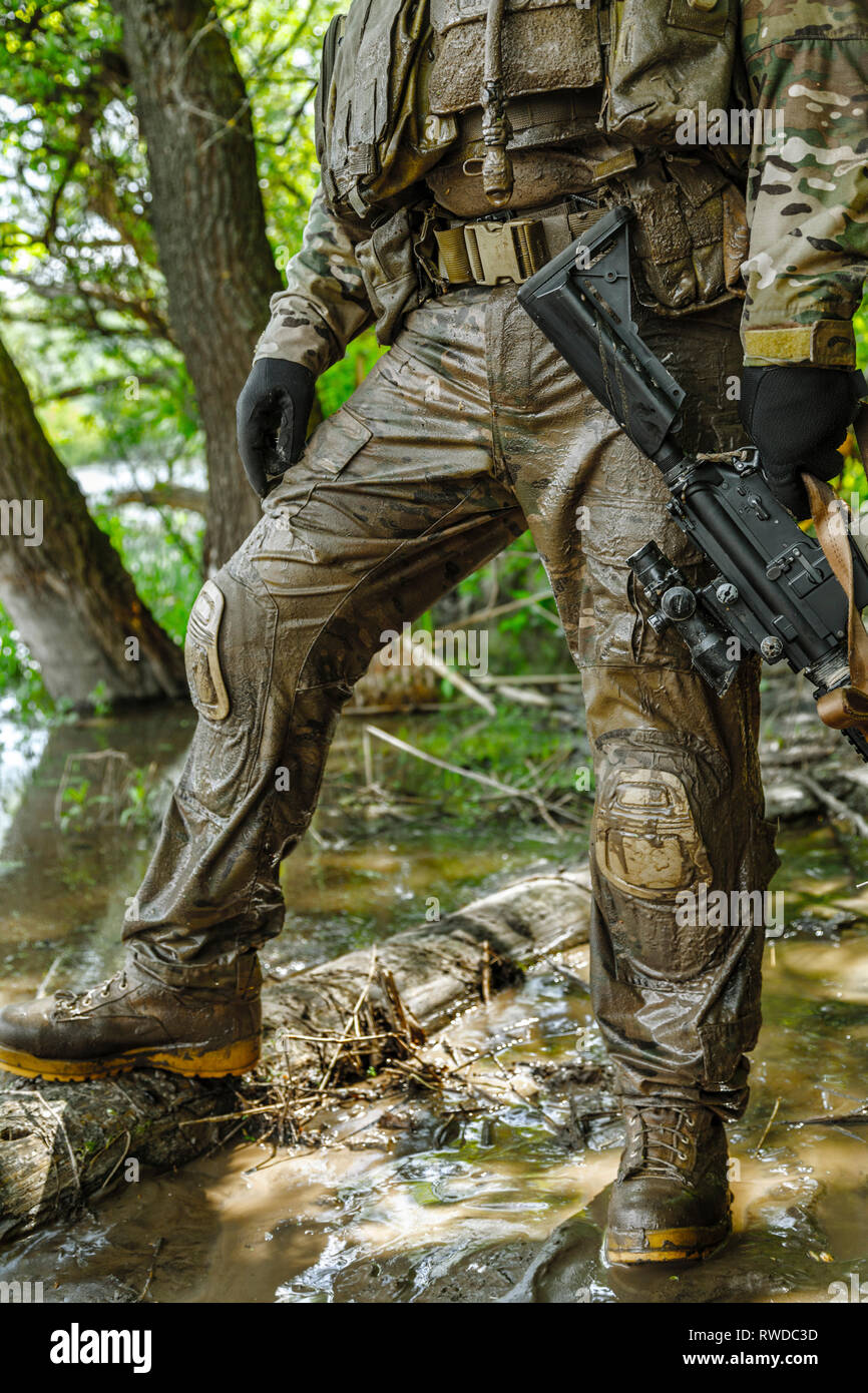 Green Berets U.S. Army Special Forces Group soldier in action. Stock Photo
