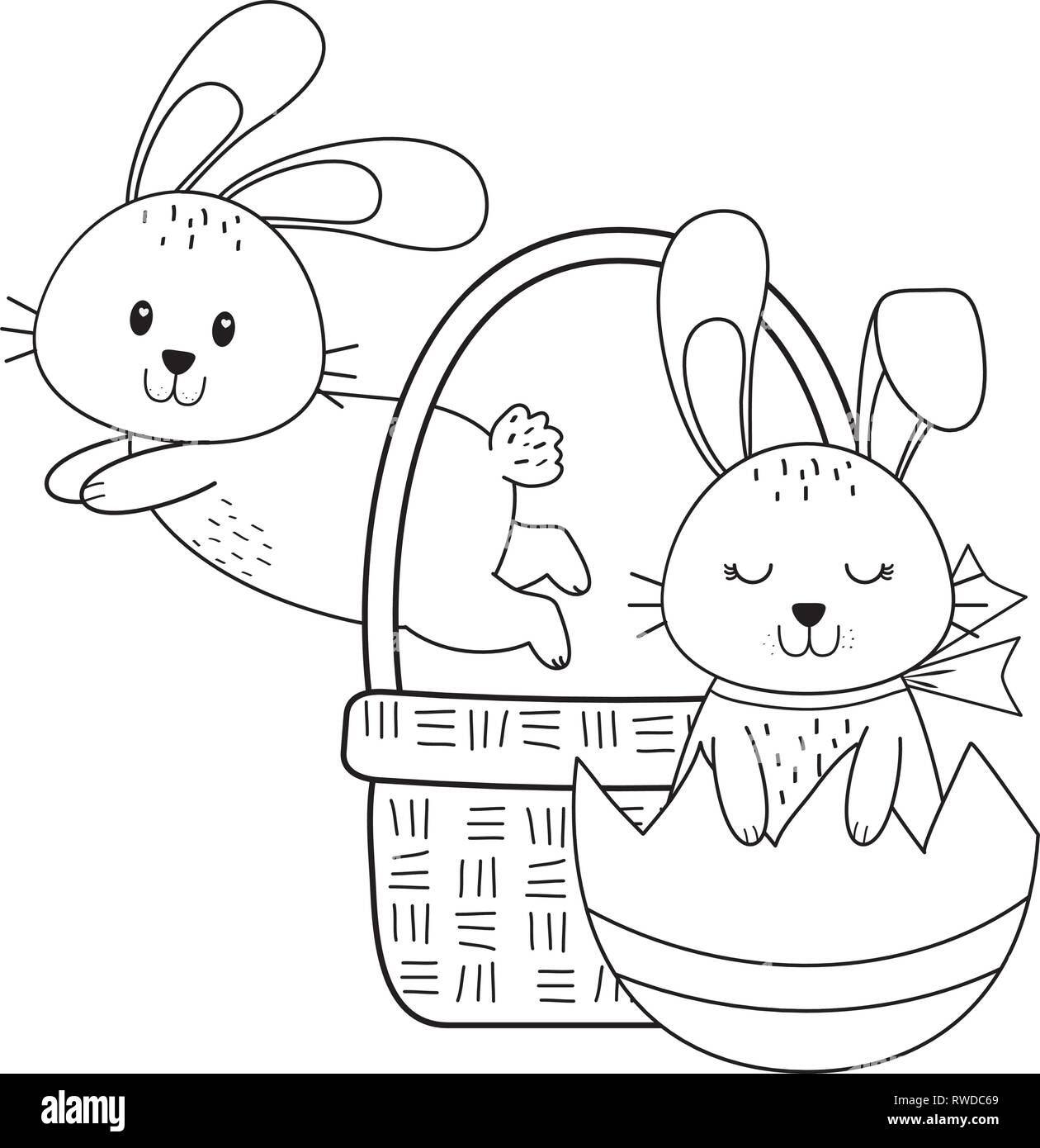 little rabbits with egg painted in basket easter character Stock Vector ...
