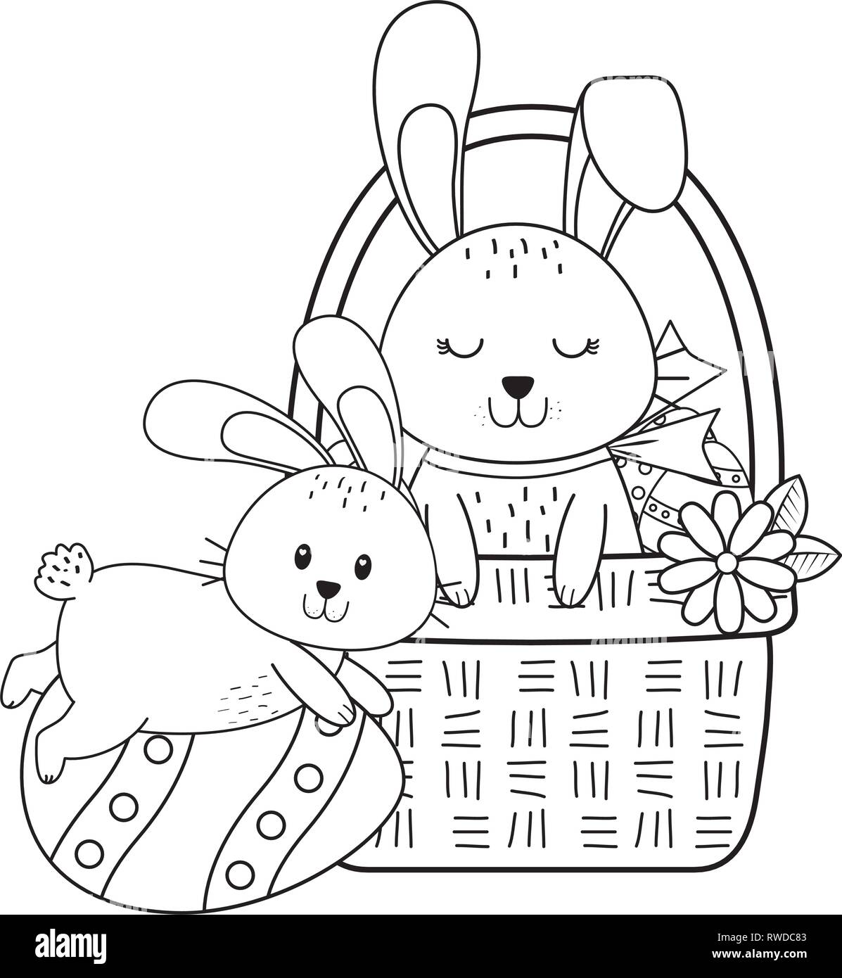 little rabbits with egg painted in basket easter character Stock Vector ...