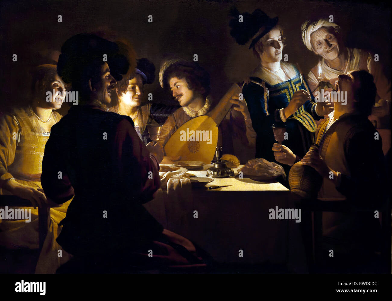 Merry company with a Lute Player 1619, Gherardo Delle Notti - Gerrit Honthorst 1592-1656 ,Dutch, The Netherlands.,( Caravaggists, Style of Caravaggio) Stock Photo