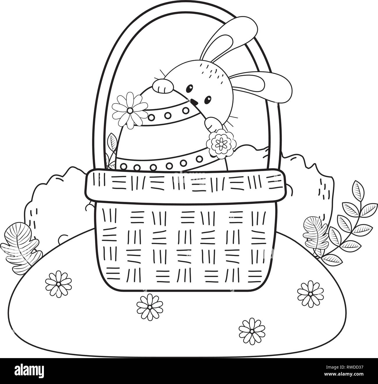 little rabbit with egg painted in basket on the garden Stock Vector ...