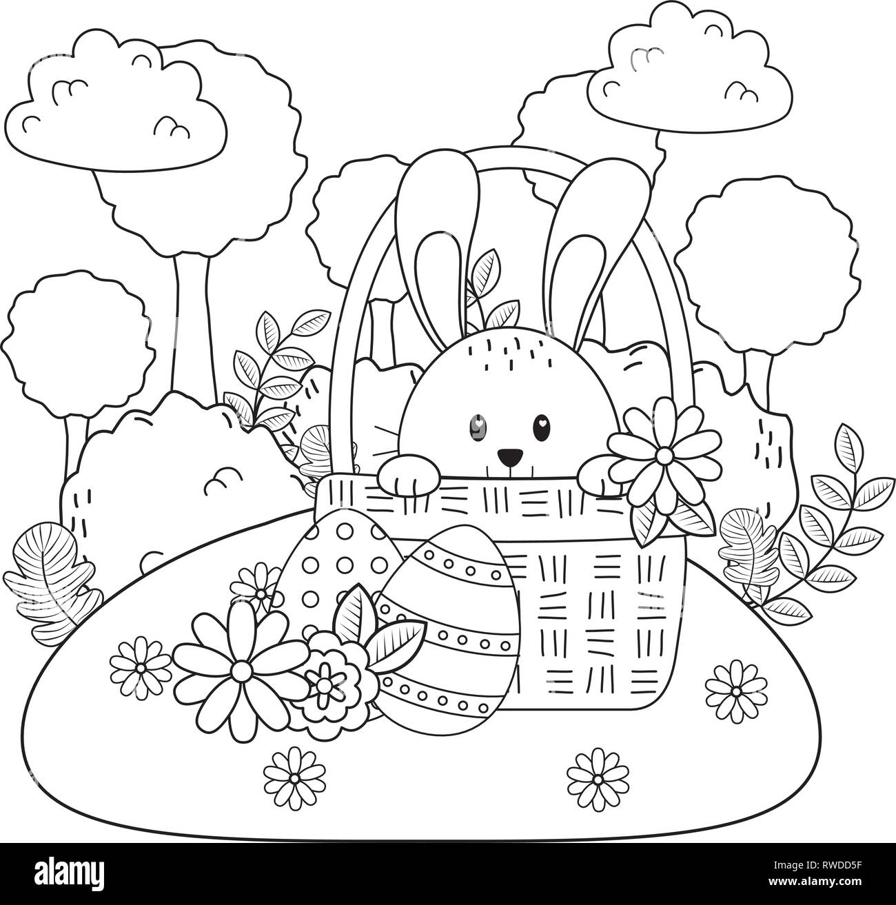 little rabbit with egg painted in basket on the garden Stock Vector ...