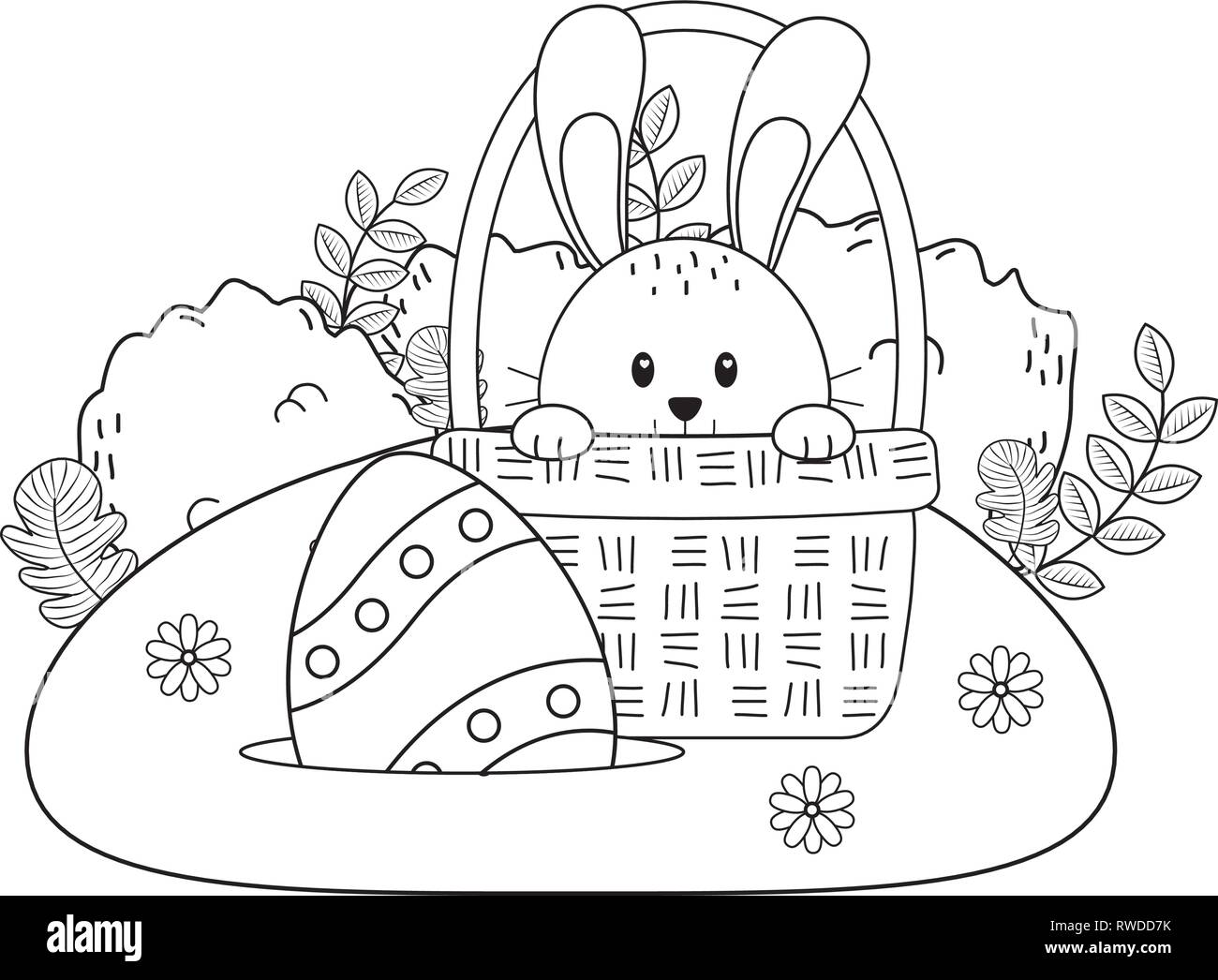 little rabbit with egg painted in basket on the garden Stock Vector ...
