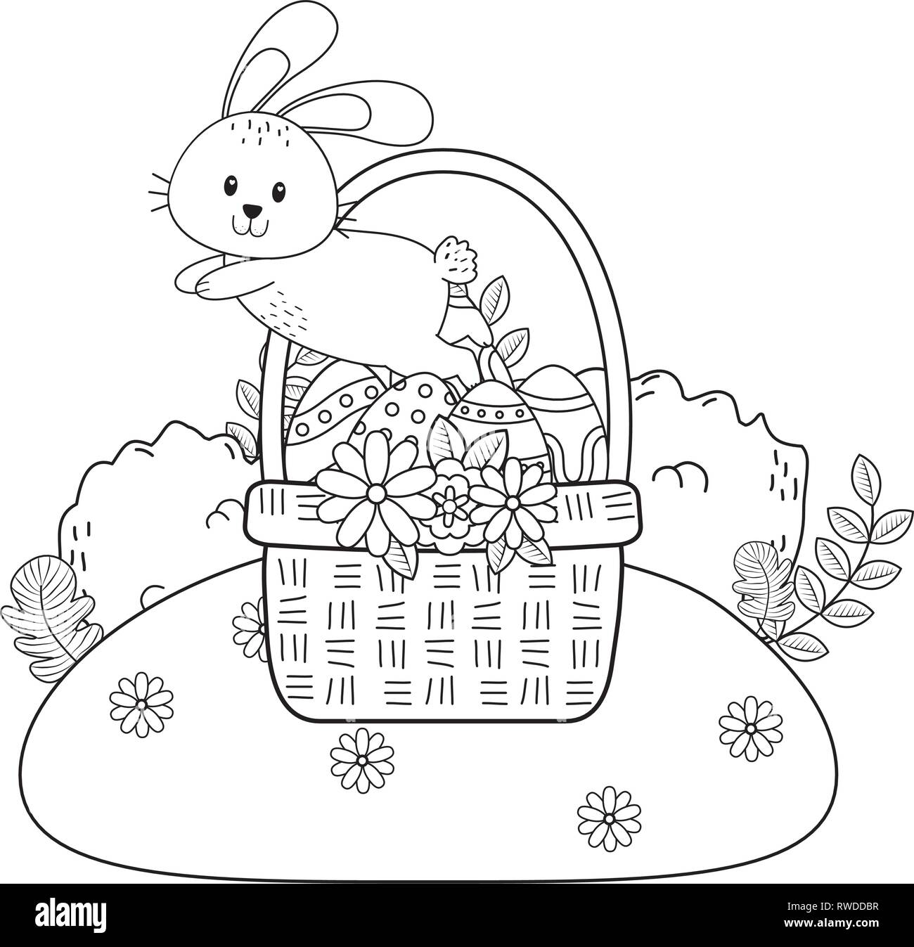 little rabbit with egg painted in basket on the garden Stock Vector ...