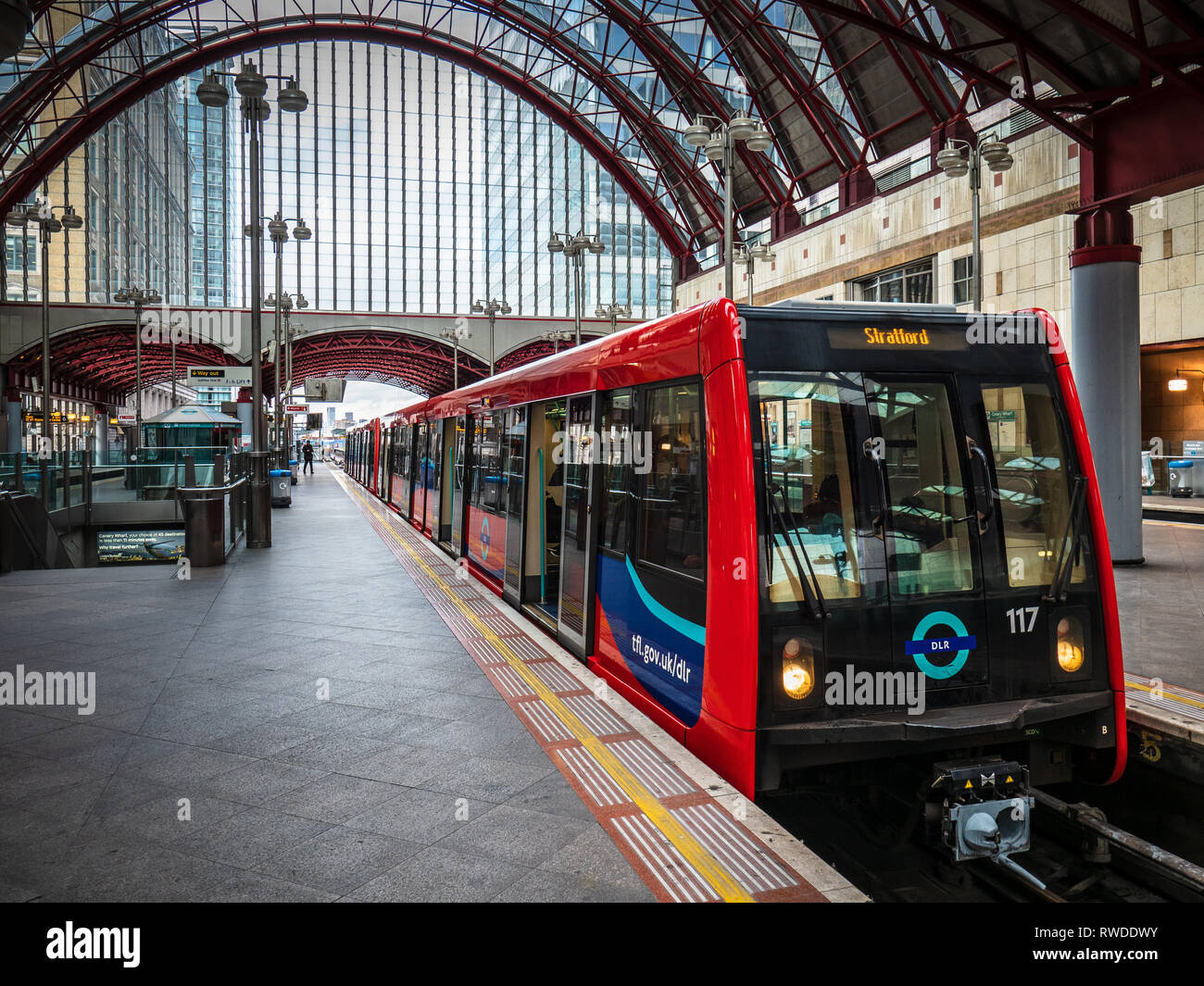 DLR Train Canary Wharf Station - Dockland Light Railway train at Canary Wharf DLR station in East London Stock Photo