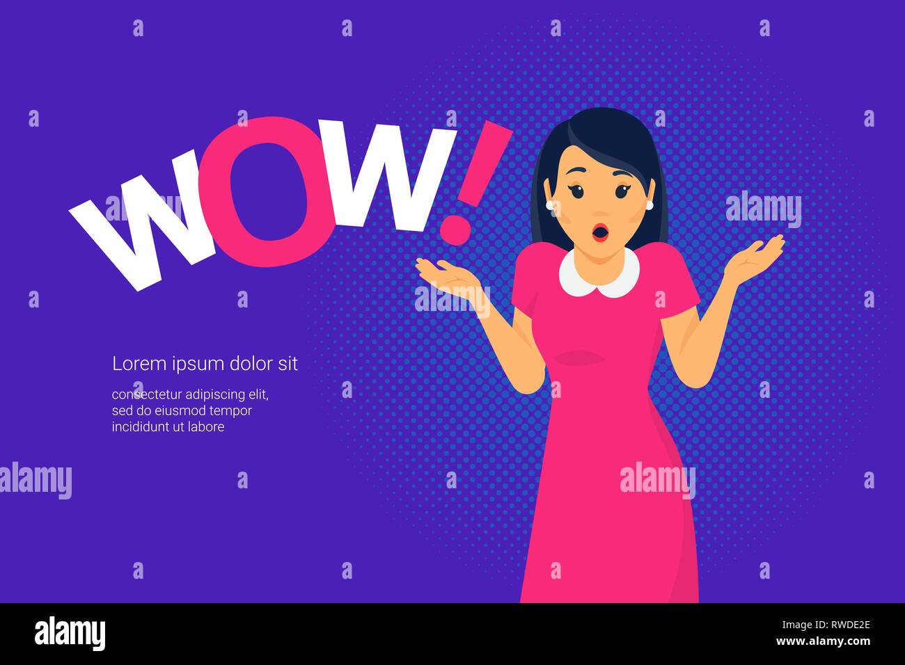 Wow emotion concept vector illustration of amazed young woman with open mouth making hands gesture standing near letters on purple. Woman wow effect e Stock Vector