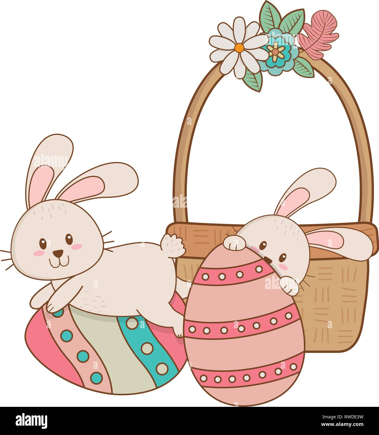 little rabbits with egg painted in basket easter character Stock Vector ...