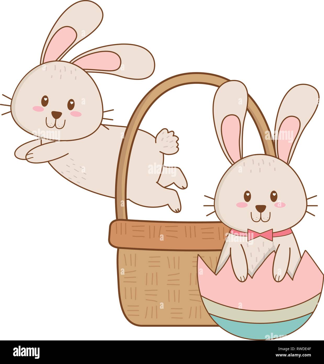 little rabbits with egg painted in basket easter character Stock Vector ...