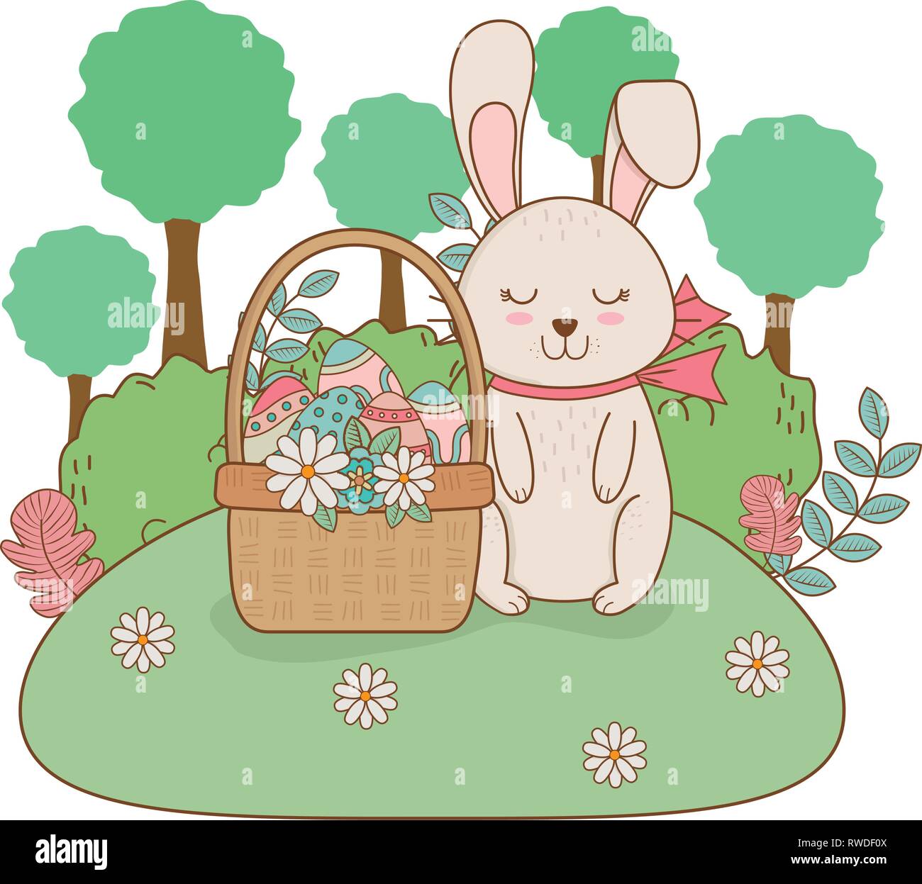 little rabbit with egg painted in basket on the garden Stock Vector ...