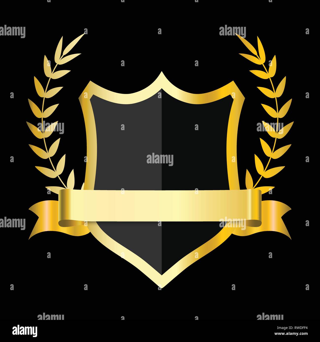 Golden shield with laurel wreath and golden ribbon. Vector design ...